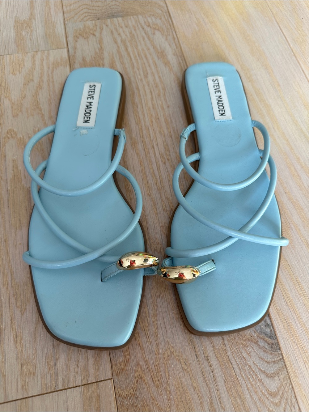 Steve Madden Baby Blue Strappy Slide Sandals with Gold Accent